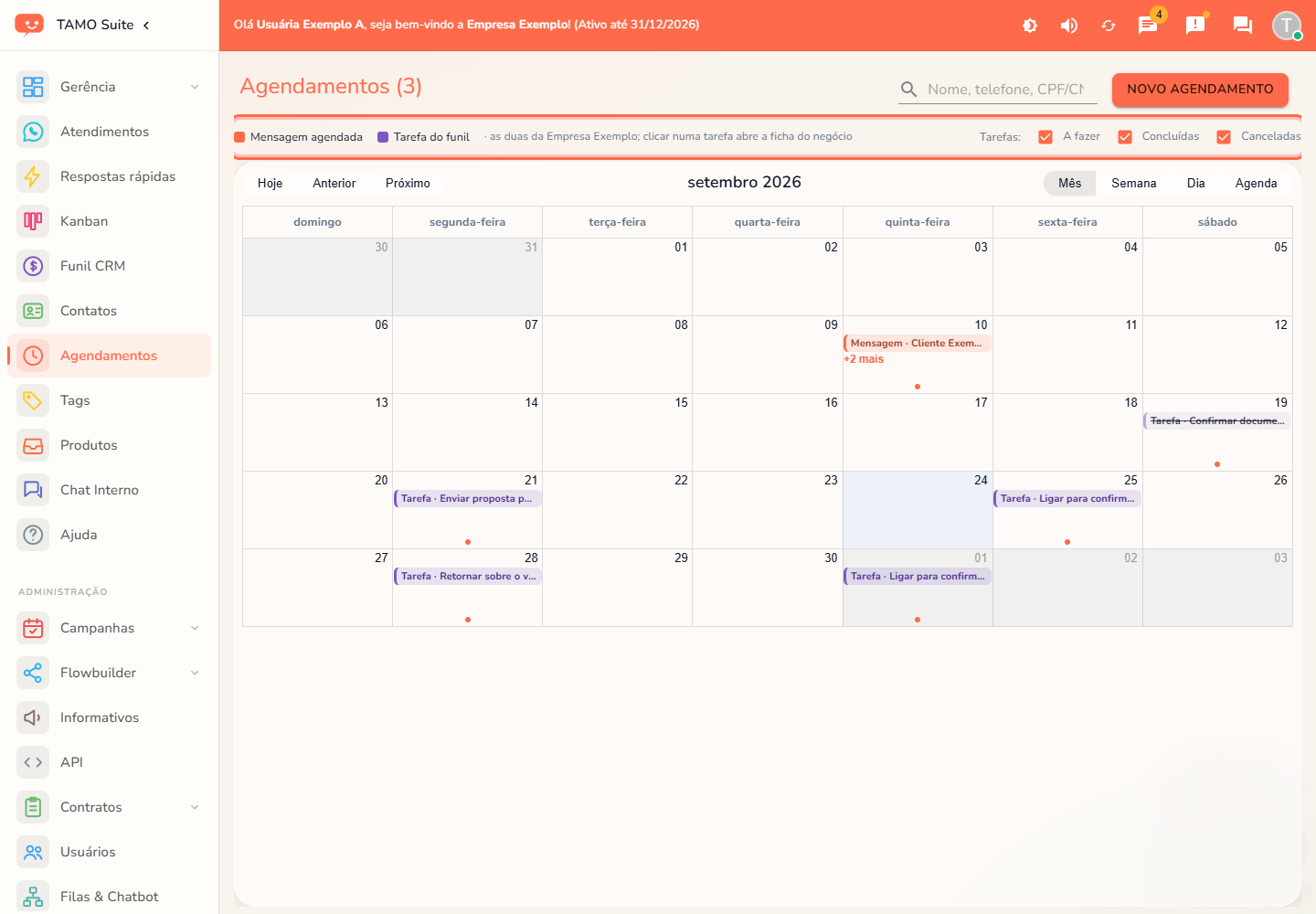 O calendário com mensagens e tarefas do funil, com a legenda em destaque