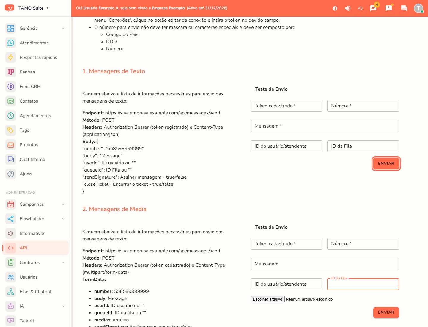O formulário de teste de envio de mensagem de texto, com o botão "Enviar" em destaque