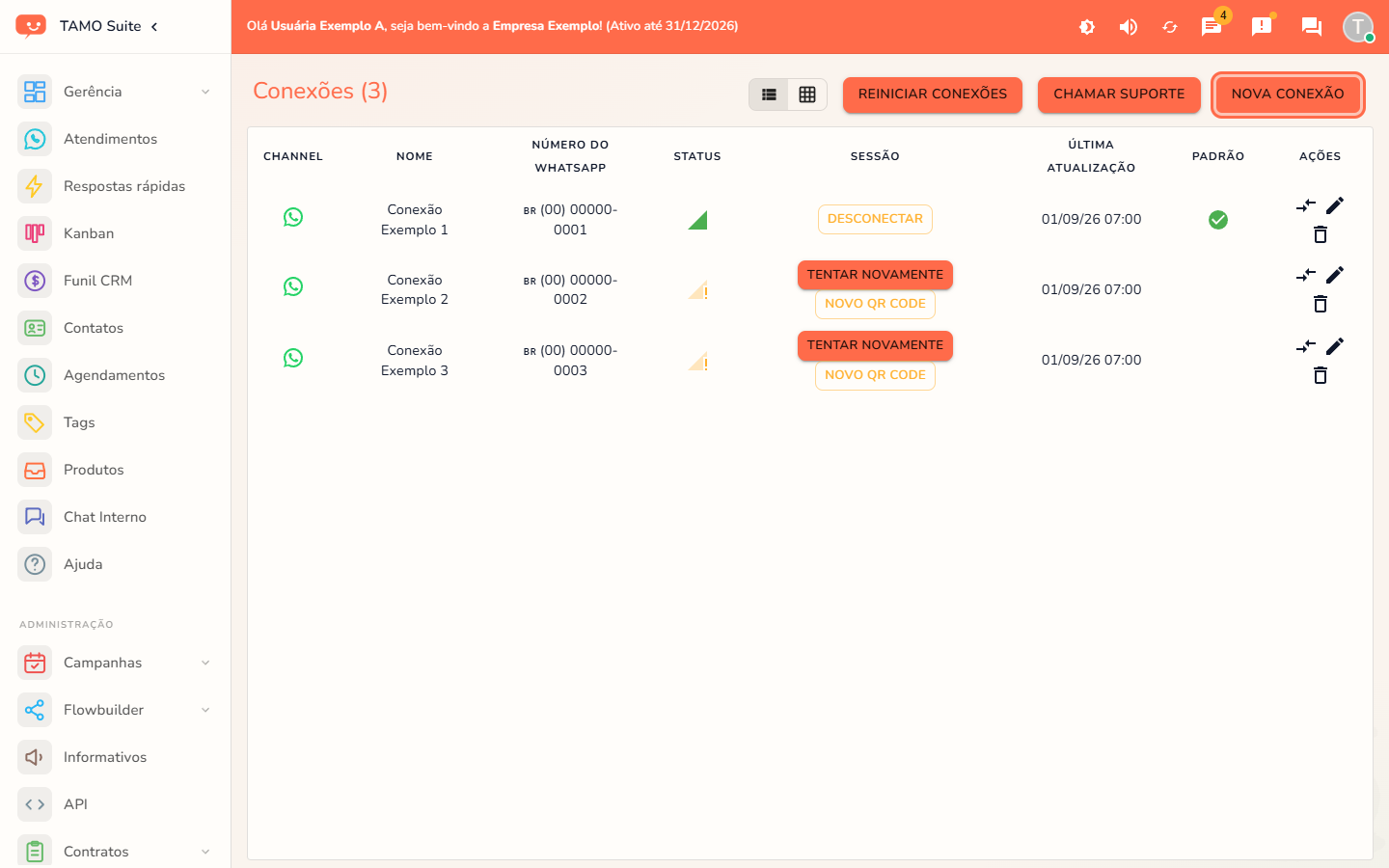 A lista de conexões, com os status de cada uma em destaque