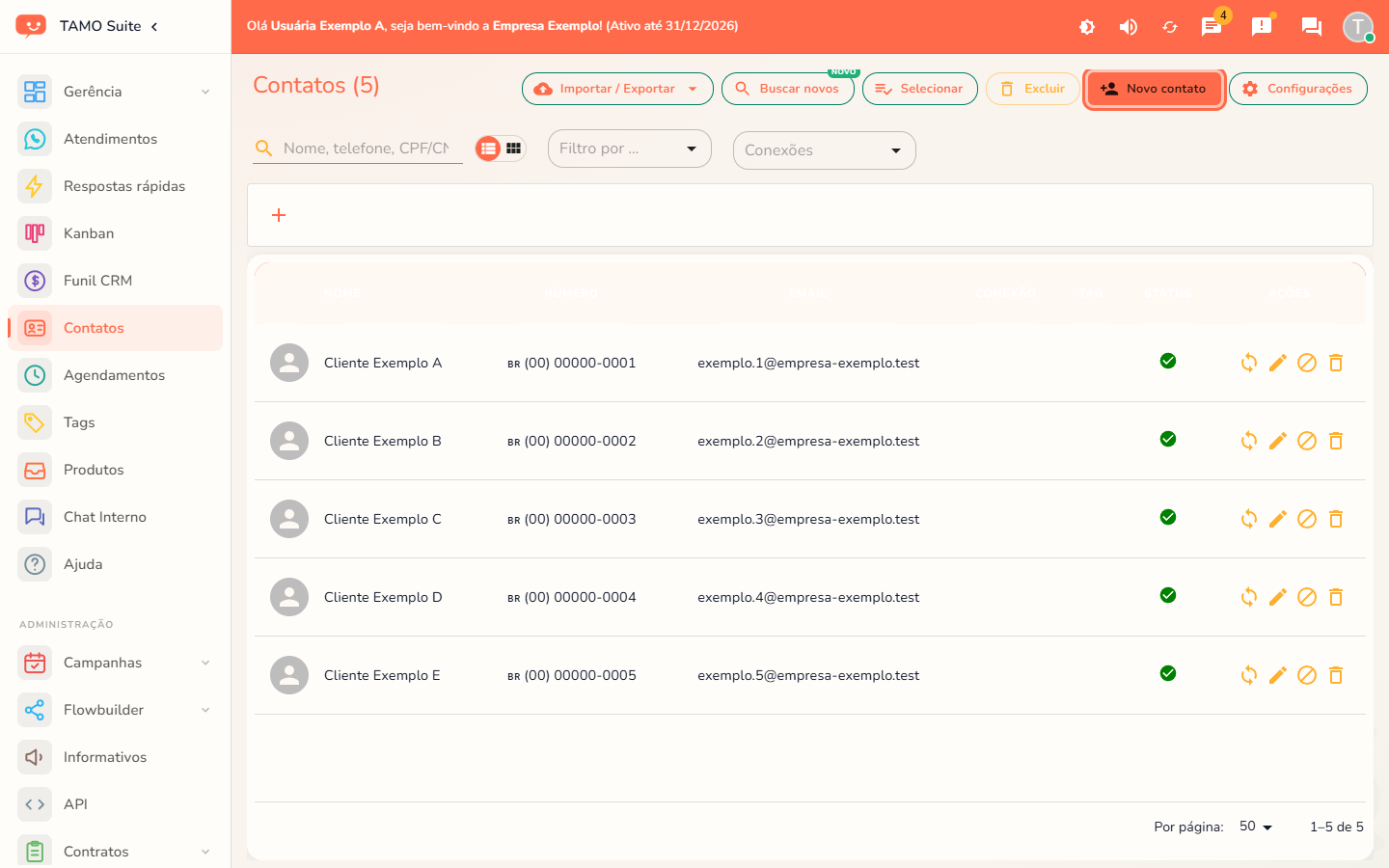 A lista de contatos, com o botão "Novo contato" em destaque