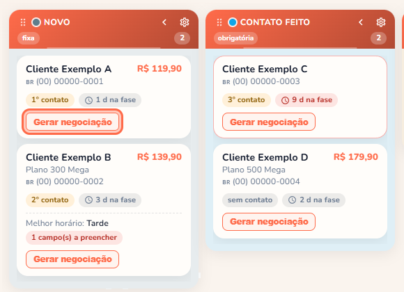 O botão "Gerar negociação" no cartão do lead, em destaque