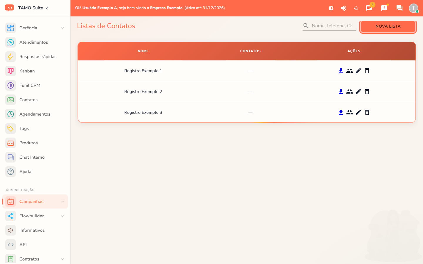 A lista de listas de contatos, com o botão "Nova Lista" em destaque