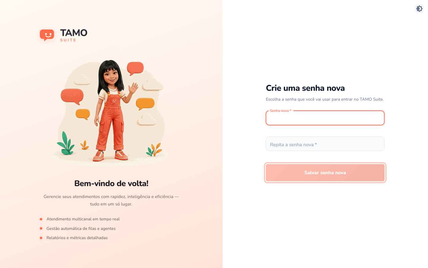 A tela "Crie uma senha nova", com o botão "Salvar senha nova" em destaque
