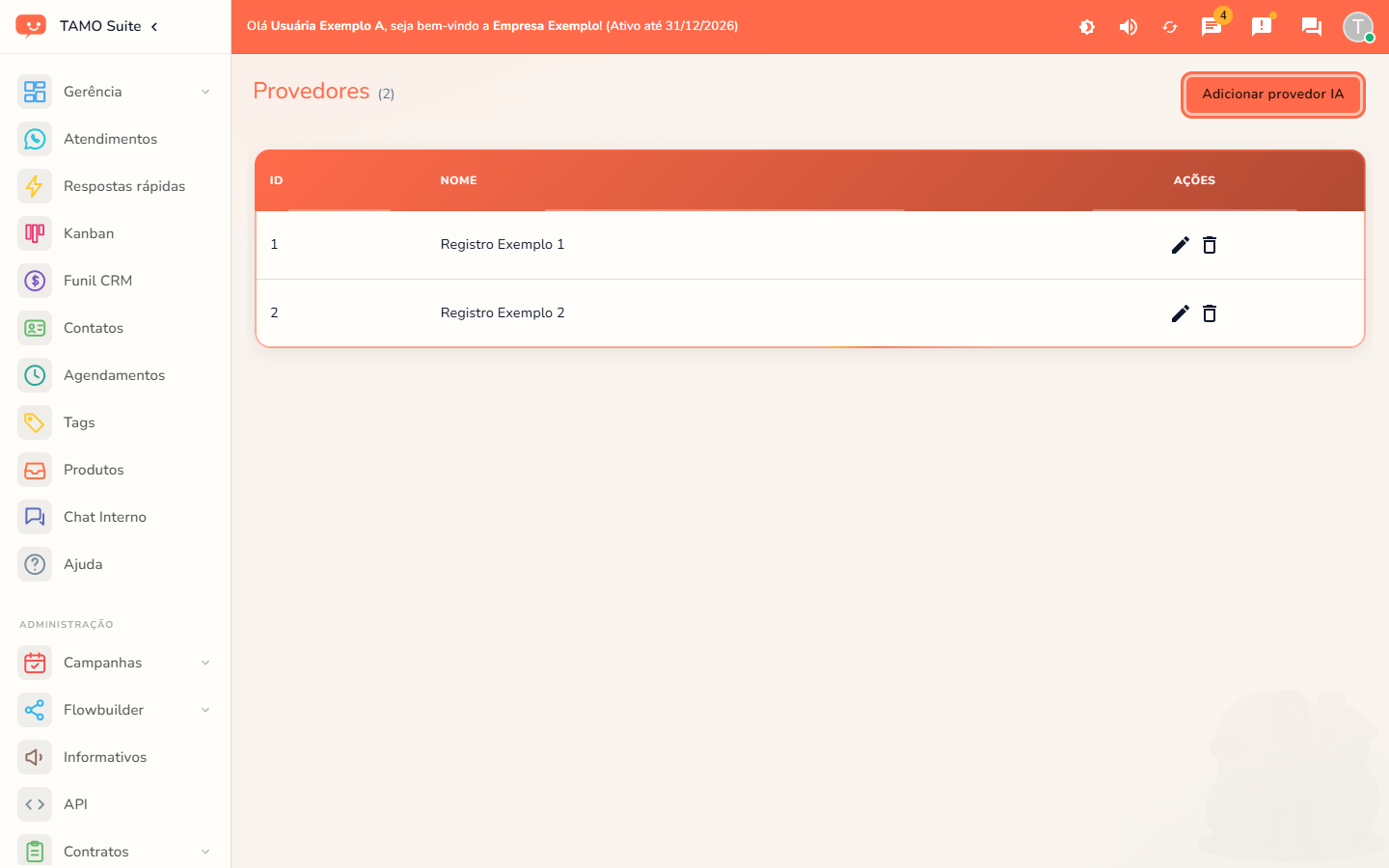 A lista de provedores de IA cadastrados