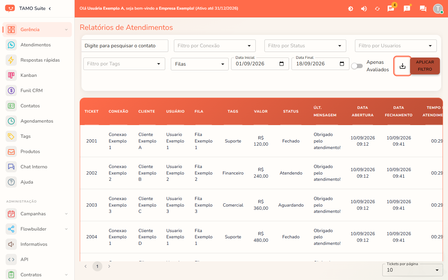 A lista de relatórios, com os filtros no topo da tela
