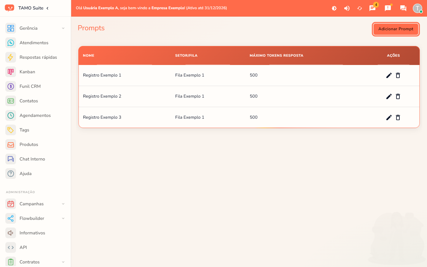 A lista de prompts, com fila e limite de tokens de cada um