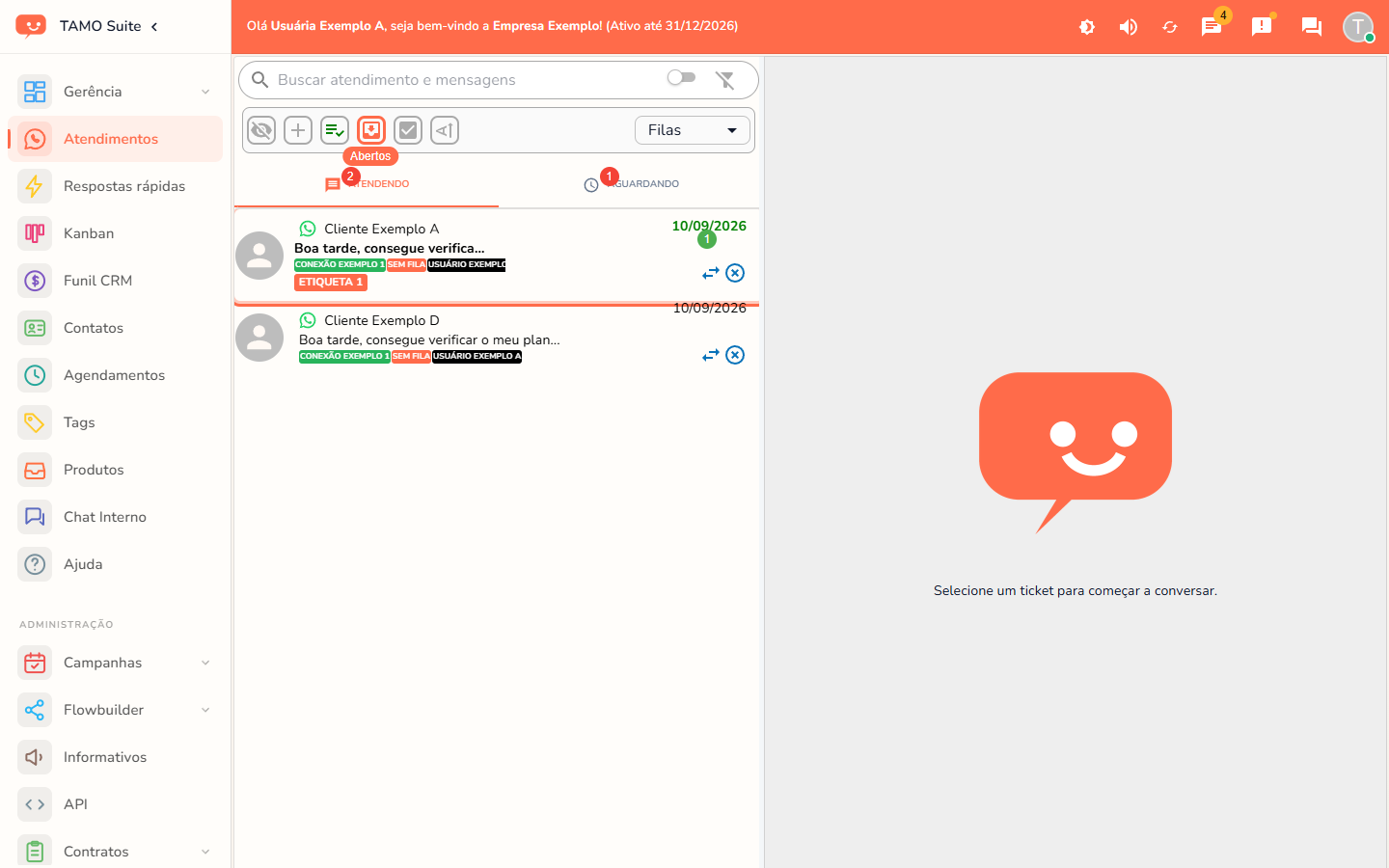 A tela de Atendimentos, com os tickets pendentes e em andamento