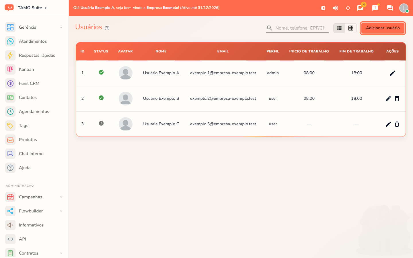 A lista de usuários, com o botão "Adicionar usuário" em destaque